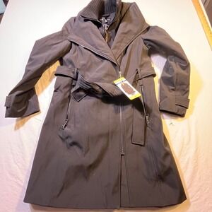 HALSTON Women's Black Belted Trench Coat Full Zip Collar Size S